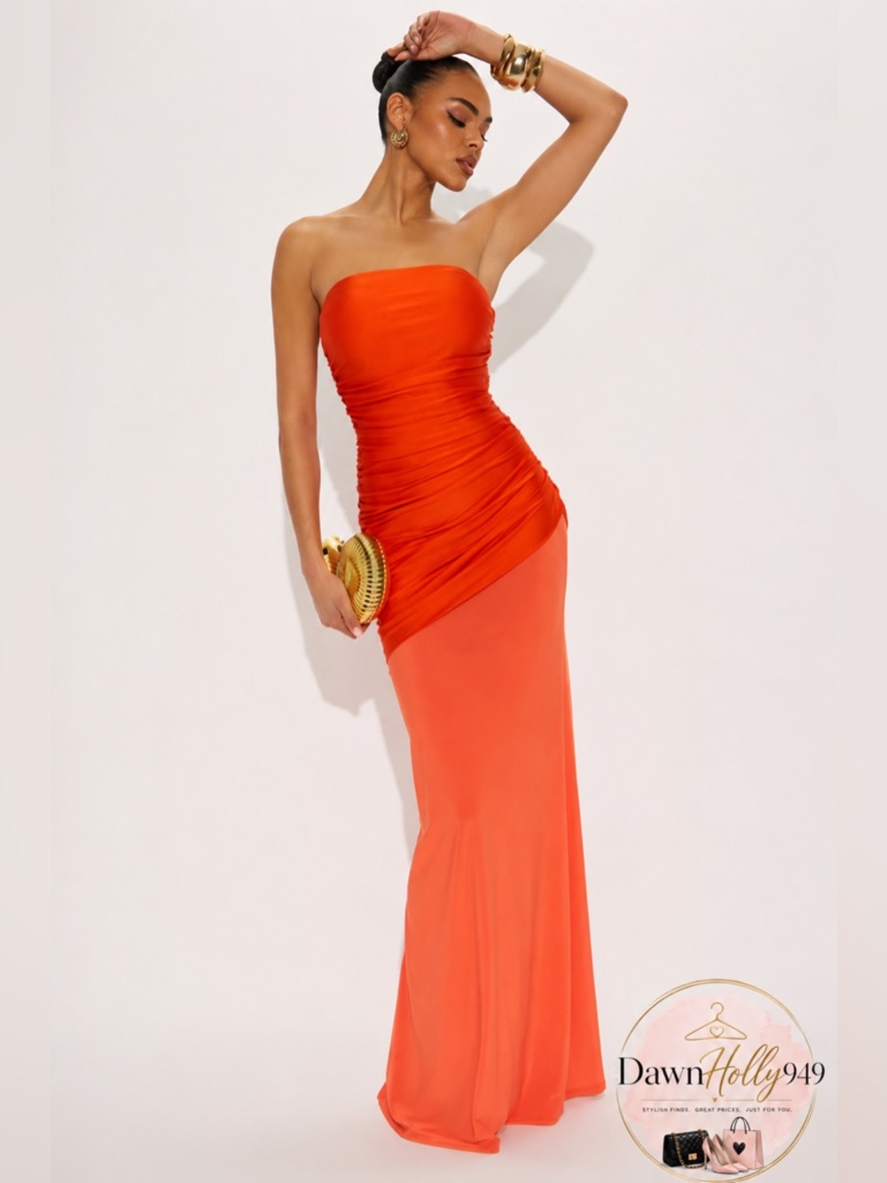 Fashion Nova Strapless Orange Ruched Gown